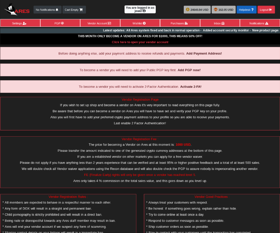 Ares Market Vendor Information